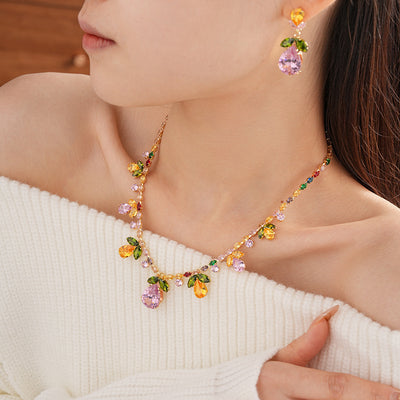 Colorful Zircon Water Drops Leaf Necklace Trendy Earrings Suit