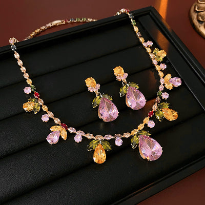 Colorful Zircon Water Drops Leaf Necklace Trendy Earrings Suit