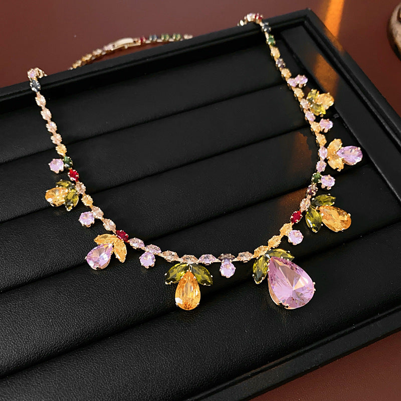 Colorful Zircon Water Drops Leaf Necklace Trendy Earrings Suit