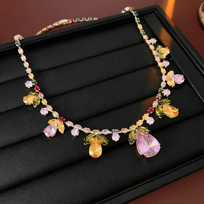 Colorful Zircon Water Drops Leaf Necklace Trendy Earrings Suit