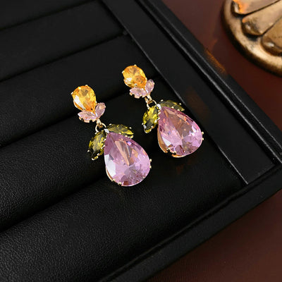 Colorful Zircon Water Drops Leaf Necklace Trendy Earrings Suit
